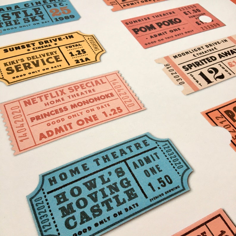 May include: A collection of vintage-style cinema ticket stubs featuring various film titles and prices. The tickets are printed on colourful paper with black text and are arranged in a random pattern.
