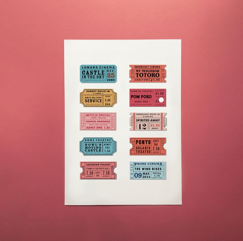 May include: A collection of vintage-style cinema ticket stubs featuring titles such as "Castle in the Sky", "My Neighbor Totoro", "Pom Poko", "Spirited Away", "Howl's Moving Castle", "Ponyo", and "The Wind Rises". The tickets are printed on colourful paper with black text and are arranged in a grid pattern on a white background.