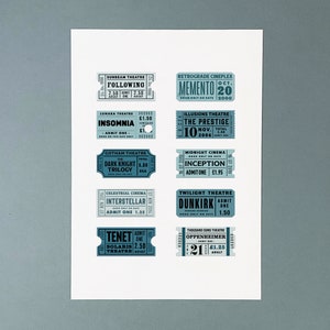Christopher Nolan Filmography Ticket Stub Print: Mid-Century Modern A3