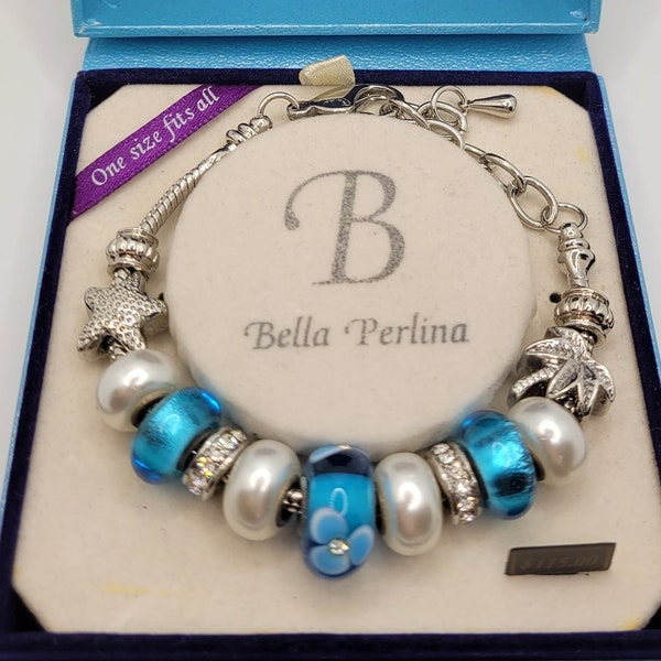 Bella Perlina Charm Beach Theme Bracelet - Adjustable - Blue Flower European Glass Beads - Swarovski Crystal Rhondelles - Palm Tree Starfish