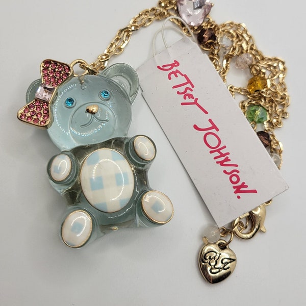 NWT Betsey Johnson Blue Gummy Bear Pendant Necklace - Gingham - Bow - Goldtone Chain - Crystal Accents - Whimsical Designer Costume Jewelry