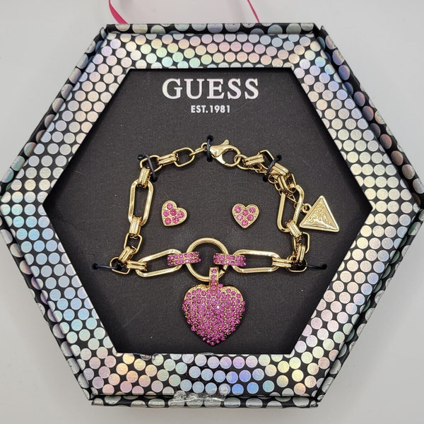 Guess Pink Crystal Heart Earrings and Bracelet Jewelry Set - Goldtone - Adjustable - Post for Pierced Ears - Logo Charm - Original Box