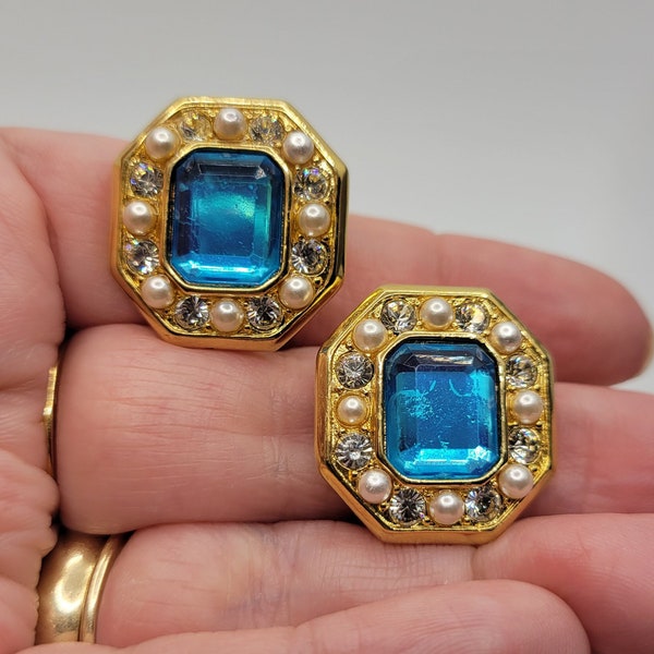 Alana Stewart Rhinestone Clip On Earrings - Faux Pearl Accents - Crystal Turquoise Blue - Gold Plated - Signed Designer Costume Jewelry