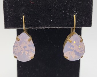 Gorgeous Faux Rosewater Opal Earrings - Faceted Crystal Glass Teardrop Stones - Brass Leverback for Pierced Ears - Vintage Costume Jewelry