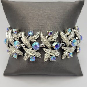 Coro AB Rhinestone Bracelet - Light Peacock Blue Aurora Borealis Stones - Silvertone Leaves/Leaf or Feather - 1950s Vintage Costume Jewelry