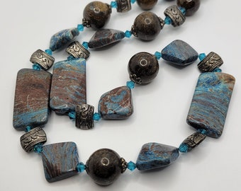 Natural Blue Stone Necklace - Artisan Handmade - Turquoise Blue Glass Beads - Faceted Accents - Sterling Clasp - Southwestern Jewelry