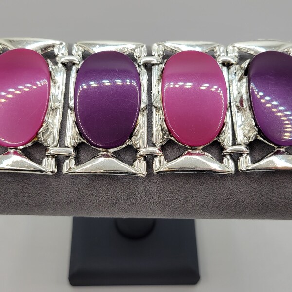 PAM Thermoset Mauve and Plum Panel Bracelet - Purple Lucite Ovals - Rhodium Plated - MidCentury Chunky 1960s Vintage Costume Jewelry