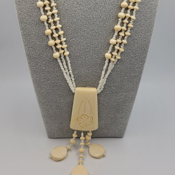 BOHO Hippie Carved Bone Necklace - Pendant & Tassels - Seed Pearls Round Accent Beads - Artisan Handmade - 1970s Bohemian Vintage Jewelry