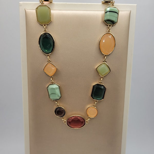 Crown Trifari Jewel Tone Necklace - Bezel Set Acrylic Stones - Green Red Yellow Blue - 1990s Vintage Signed Costume Jewelry - Geometric