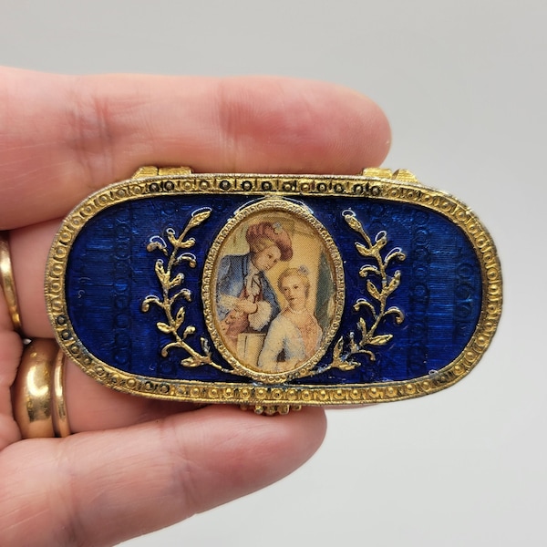 Vintage Estée Lauder Perfume/Parfum Compact - Victorian Couple - Ornate Scrollwork - Deep Blue Enamel - Portrait - 1970s Dresserware