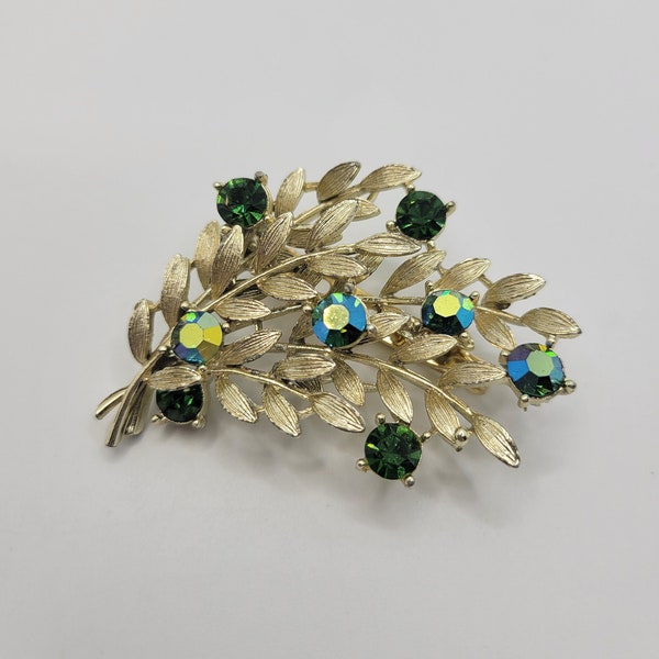 Lisner Leaf/Branch Vintage Brooch - Emerald Green and Peacock AB Aurora Borealis Rhinestones - 1950s Elegant Gorgeous Signed Costume Jewelry