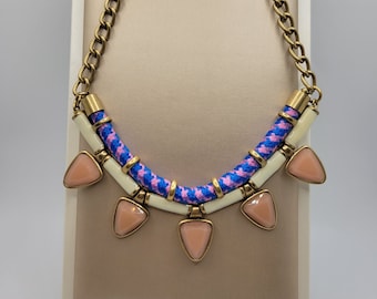 J Crew Enamel and Cord Statement Necklace - Braided Blue & Pink - Blush Accents - Brushed Goldtone Cable Chain -  - Signed Costume Jewelry