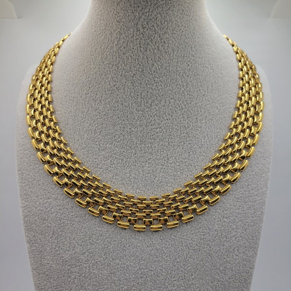 Rare Napier Panther Link Necklace - 7 Row Goldtone Articulated Brick Links - 1980s Signed Minimalist Vintage Costume Jewelry - Hard to Find