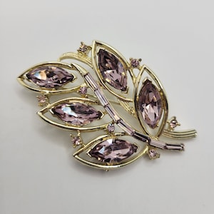 RARE Kramer of NY Rhinestone Leaf Brooch - Light Amethyst Purple Baguette & Marquis Stones - Signed High End 1950s Vintage Costume Jewelry