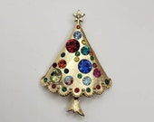 Vintage Christmas Tree Pin - Colorful Rhinestone Brooch - Goldtone - Blue, Red, Green, Yellow - Unsigned Weiss Holiday Costume Jewelry