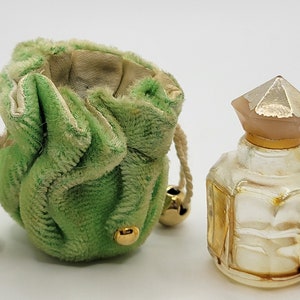 Vintage 1950s Marquay Coup De Feu Perfume Bottle & Pouch - Tiny Green Gold Drawstring Bag - Made in France - Crystal Miniature Parfum Bottle