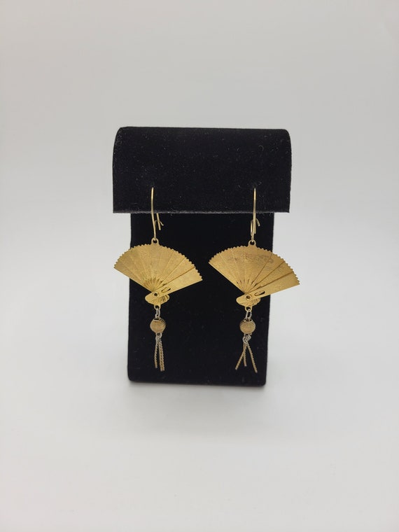 1980s Oriental Folding Fan Dangle Earrings - Artic