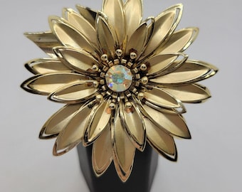 Vintage Metal Flower Brooch AB Rhinestone Cut Out Petals Mod Hippie Chunky READ
