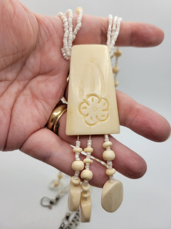 BOHO Hippie Carved Bone Necklace - Pendant & Tass… - image 8