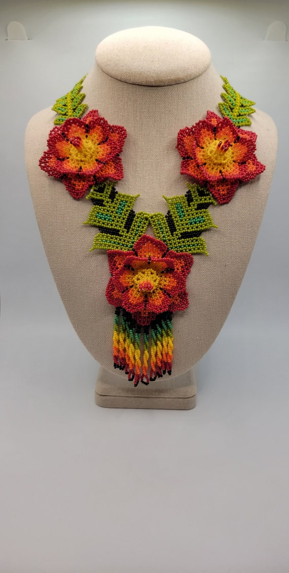 Native American Seed Bead 3D Flower Necklace - Ar… - image 1