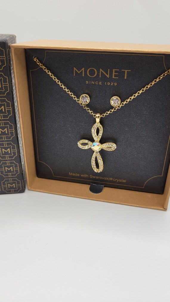 Signed Monet Cross and Earrings Necklace Set - Dem