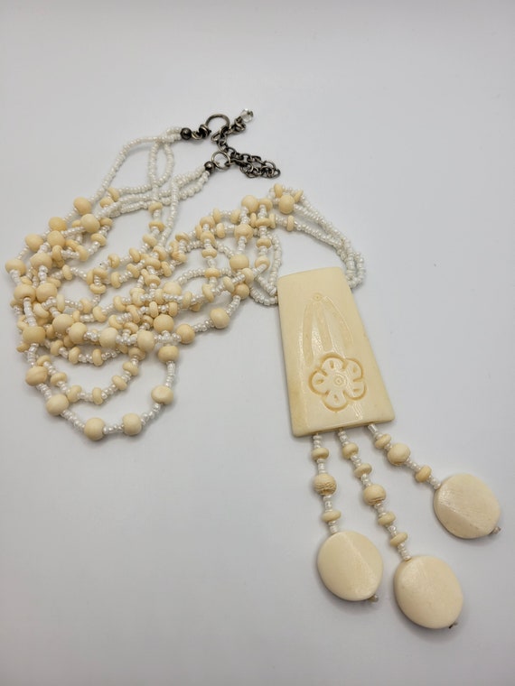 BOHO Hippie Carved Bone Necklace - Pendant & Tass… - image 5