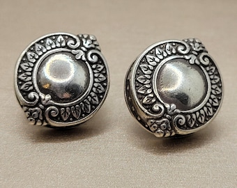 Gorgeous Brighton Ornate Button Earrings - Antiqued Silver Plated - Posts for Pierced Ears - Retired Minimalist Jewelry - Round Embossed