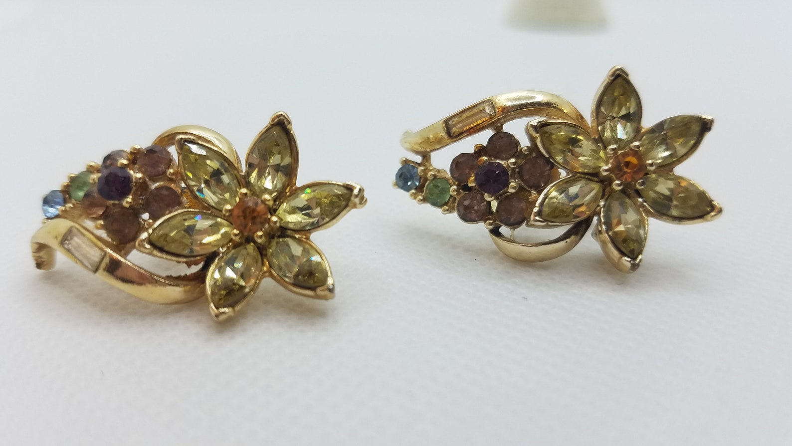 Vintage Coro Flower Earrings Clip on Baguette Stones Etsy