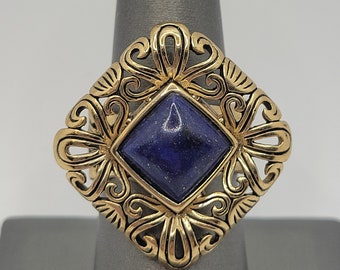 Barse Lapis Lazuli Statement Ring - Ornate Filigree - Gold Plated over Bronze - Designer Vintage Runway Costume Jewelry - Chunky Elegant