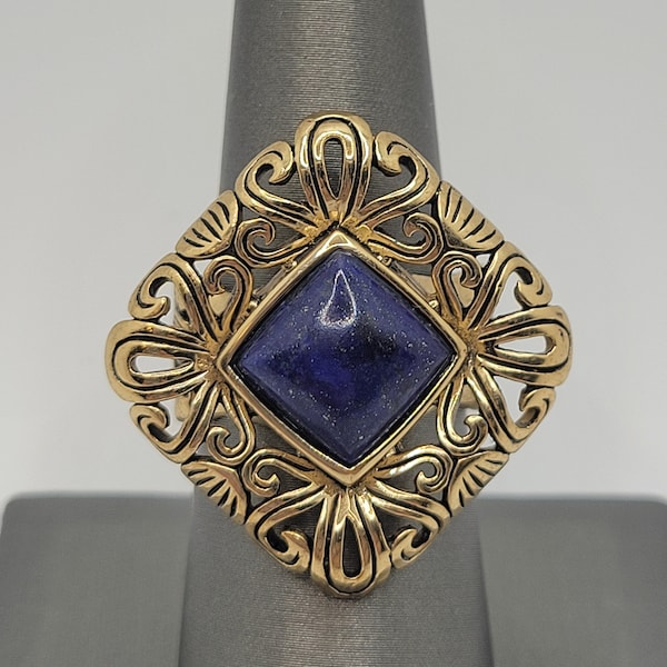 Barse Lapis Lazuli Statement Ring - Ornate Filigree - Gold Plated over Bronze - Designer Vintage Runway Costume Jewelry - Chunky Elegant