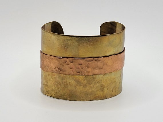 Artisan Hammered Open Cuff Bracelet - Mixed Metal… - image 1