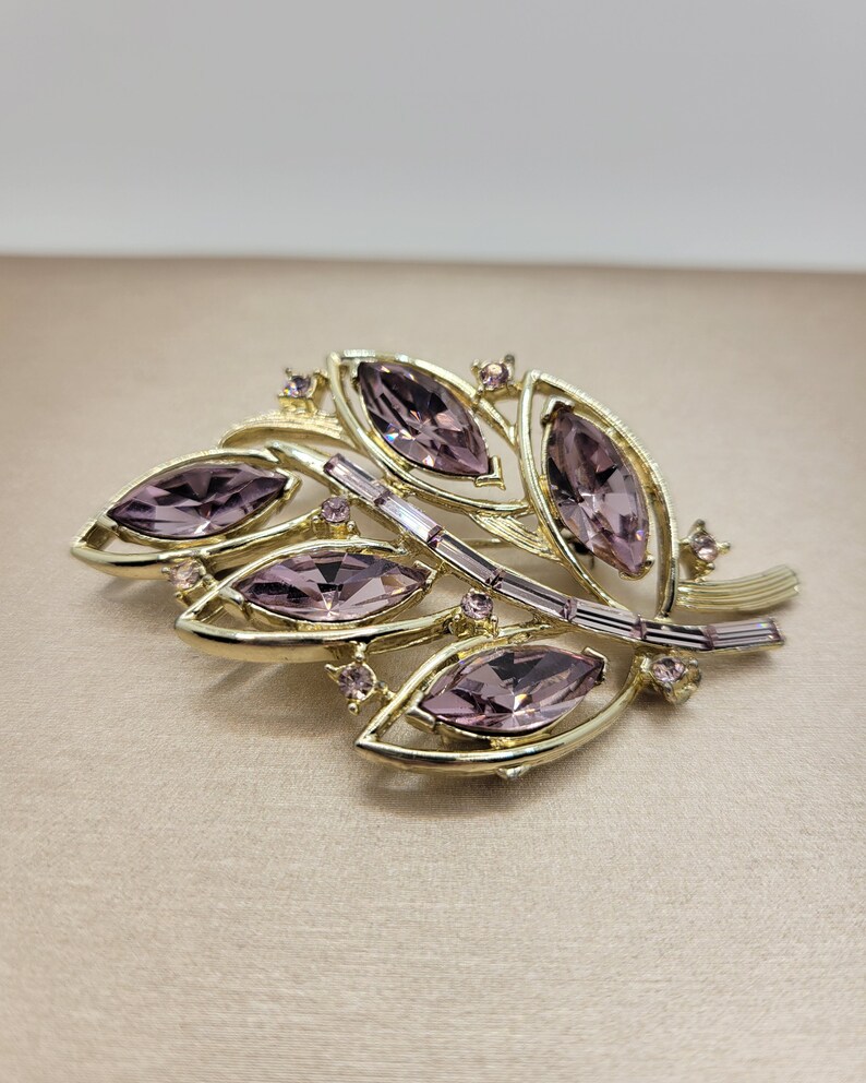 RARE Kramer of NY Rhinestone Leaf Brooch Light Amethyst Purple Baguette ...