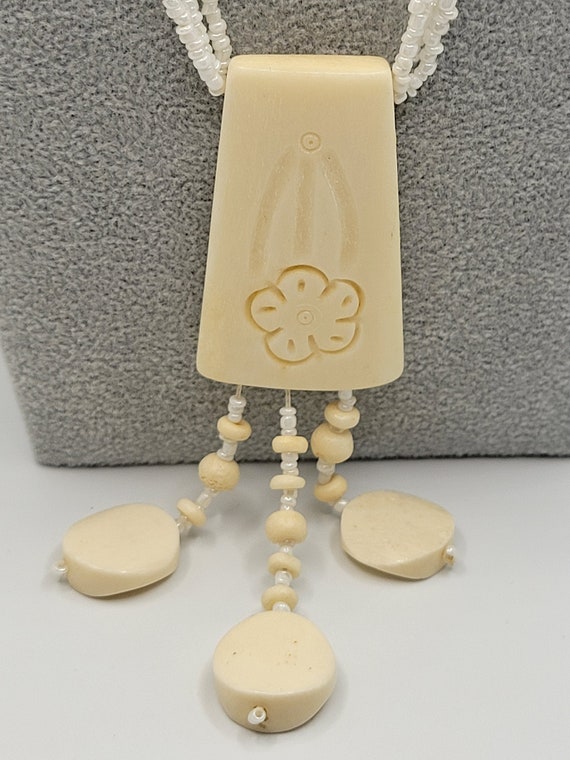BOHO Hippie Carved Bone Necklace - Pendant & Tass… - image 2