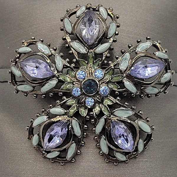 Rhinestone and Enamel Brooch on Gunmetal - Flower or Floral - Blue and Purple Crystals - Vintage Elegant Costume Jewelry - Unsigned Beauty