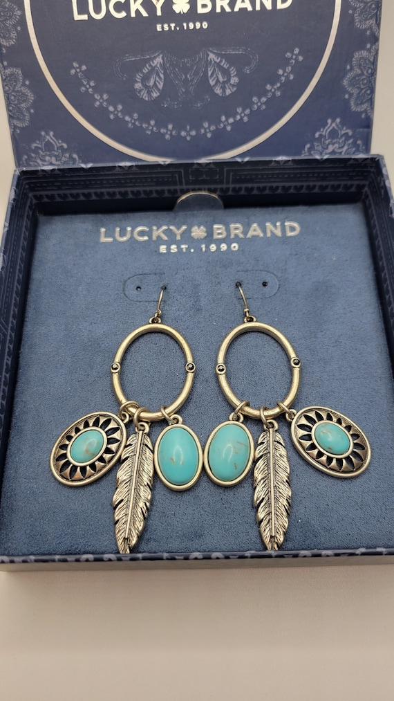 Lucky Brand Southwestern Native American Faux Turquoise Dangle Earrings Ornate Feather Charms Acrylic Stones Long Drop Statement Etsy