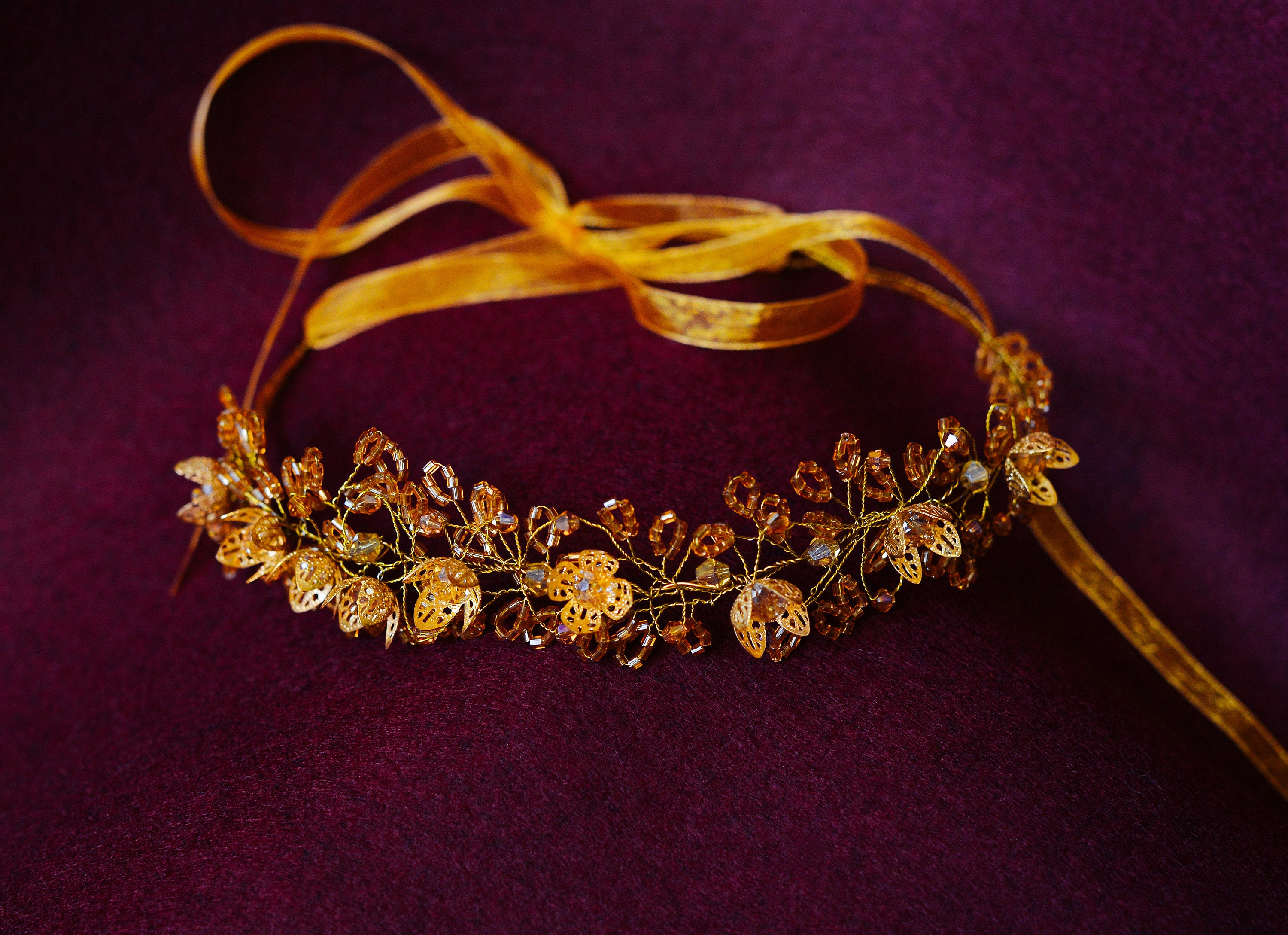 Hair wreath with gold flowers Bridal headpiece for short Etsy