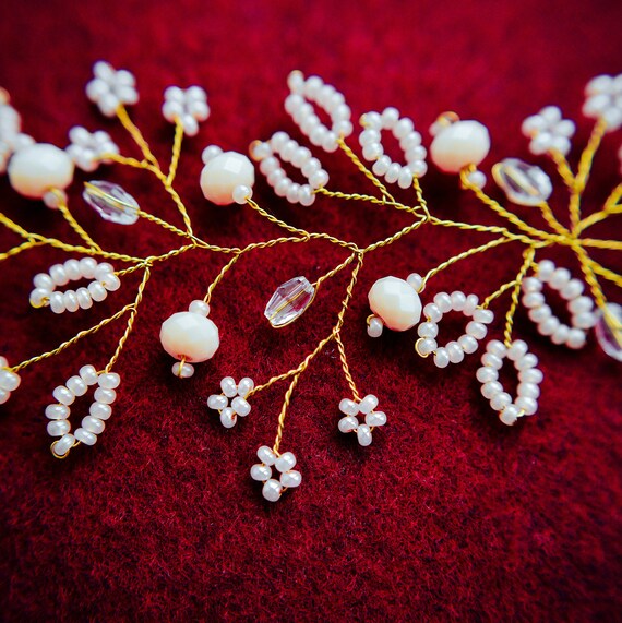 Bridal Hair Vine Floral Delicate Hairpiece Beige Crystal Hair Etsy