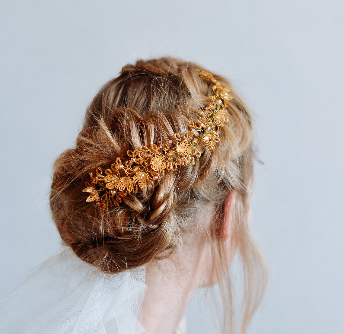 Hair wreath with gold flowers Bridal headpiece for short Etsy