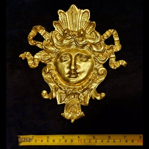 Large French Louis XVI Style Decorative Wall Furniture Applique Female face Onlay Plaque Moulding Pediment Gold Gilt Plastic Decoration