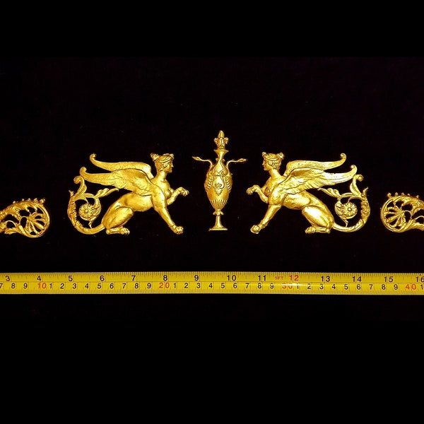 Gilt Gold or White French Empire Style Onlay Applique Sphinx Griffin Decorative Wall Furniture Moulding Pediment Plastic Decoration