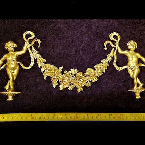 Large Ornate Applique Cherubs Floral Gilt White French Style Decorative Wall Furniture Onlay Applique Moulding Pediment Plastic Decoration