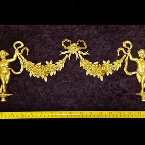 Large Ornate Applique Cherubs Floral Gilt White French Style Decorative Wall Furniture Onlay Applique Moulding Pediment Plastic Decoration