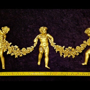 Large Ornate Applique Cherubs Floral Gilt White French Style Decorative Wall Furniture Onlay Applique Moulding Pediment Plastic Decoration