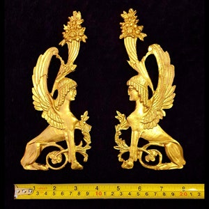 Pair Gilt Gold or White French Empire Style Onlay Applique Sphinx Griffin Decorative Wall Furniture Moulding Pediment Plastic Decoration