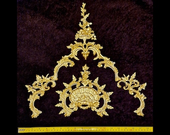 Large Ornate Applique Panel Louis XV Floral Gilt White French Style Decorative Wall Furniture Onlay Moulding Pediment Plastic Decoration