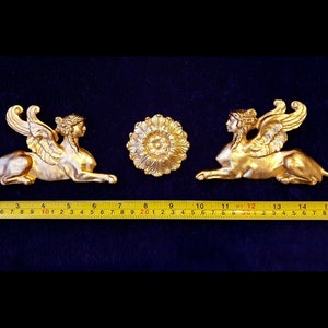 Small Gilt Gold or White French Empire Style Onlay Applique Sphinx Griffin Decorative Wall Furniture Moulding Pediment Plastic Decoration
