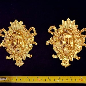 Pair Male Face Antique French Louis XVI Style Decorative Wall Furniture Applique Moulding Pediment Onlay Gold Gilt Plastic Decoration