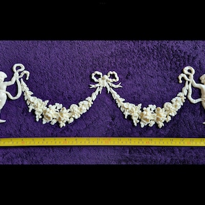 Large Ornate Applique Cherubs Floral Gilt White French Style Decorative Wall Furniture Onlay Applique Moulding Pediment Plastic Decoration