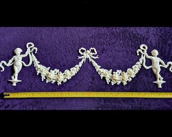 Large Ornate Applique Cherubs Floral Gilt White French Style Decorative Wall Furniture Onlay Applique Moulding Pediment Plastic Decoration