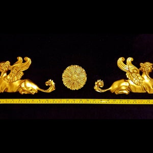 Large Gilt Gold or White French Empire Style Onlay Applique Sphinx Griffin Decorative Wall Furniture Moulding Pediment Plastic Decoration